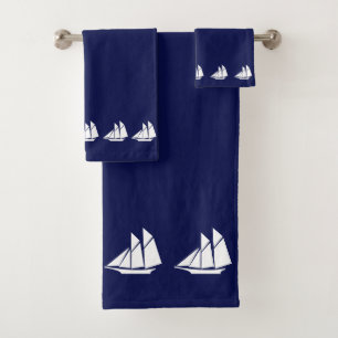 Elegant White Yacht on Navy Blue Bath Towel Set