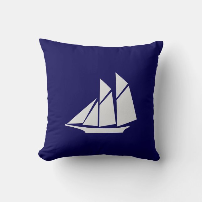 Elegant White Yacht on Navy Blue Cushion (Front)