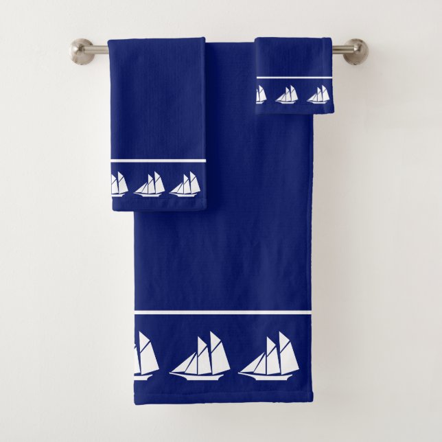 Elegant White Yachts on Navy Blue Bath Towel Set (Insitu)