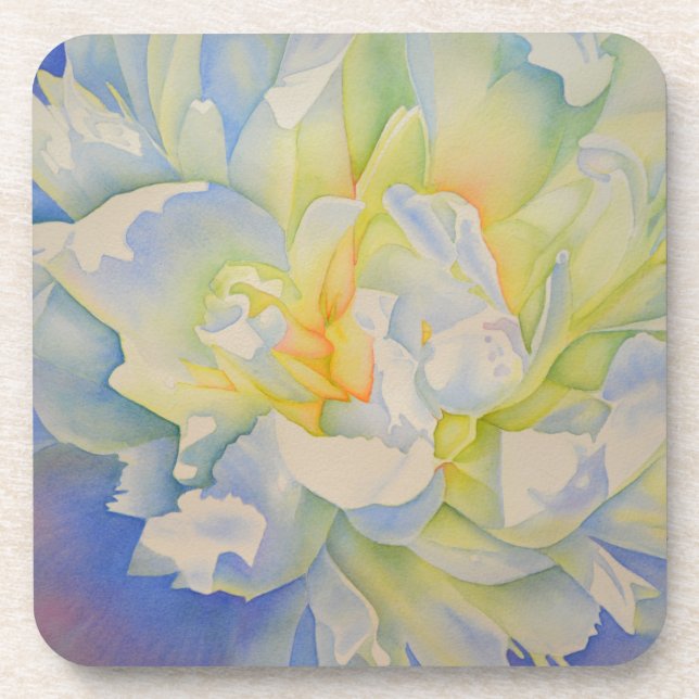 Elegant white yellow peony floral watercolor  coaster (Front)