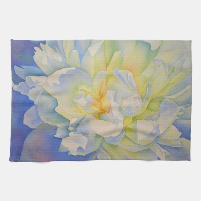 Elegant white yellow peony floral watercolor  tea towel (Horizontal)