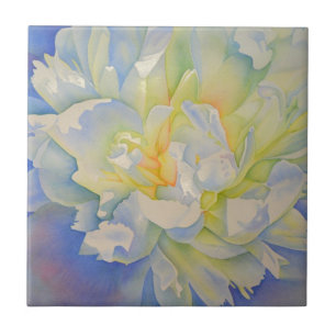 Elegant white yellow peony floral watercolor tile