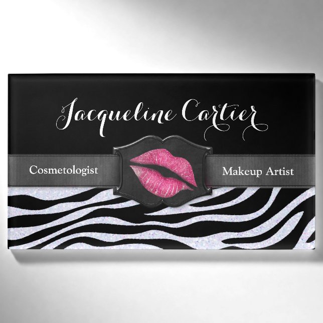 Elegant White Zebra Glitter Kiss Name Tag (Front)