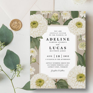 Elegant White Zinnia Flower Ivory Floral Wedding Invitation