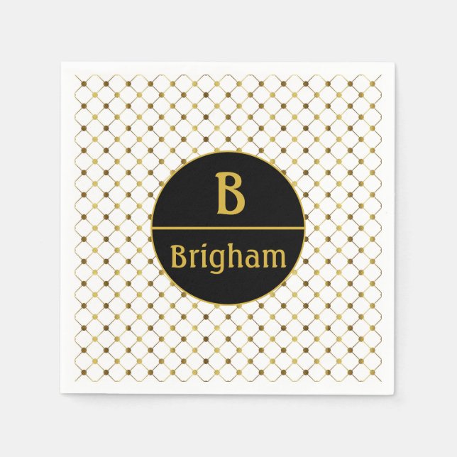 Elegant Whiter & Gold Dot Grid Split Monogram Napkin (Front)