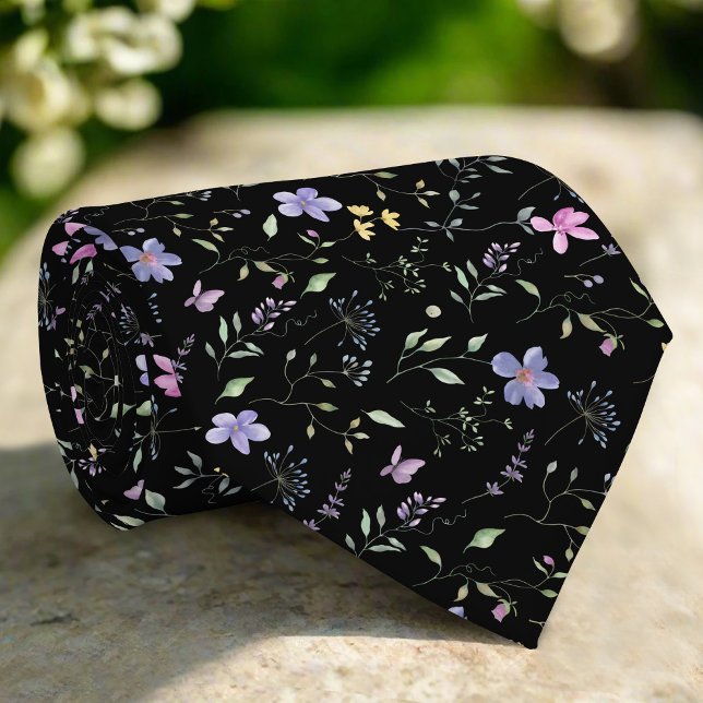 Elegant Wild Floral On Black Background Wedding Tie (Creator Uploaded)