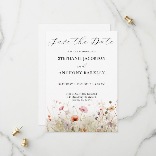 Elegant Wild Flower Save the Date Wedding Card (Front/Back In Situ)