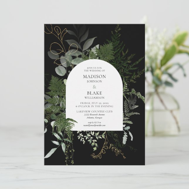 Elegant Wild Forest Fern Greenery Wedding Invitation (Standing Front)