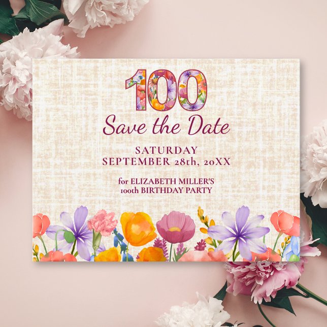 Elegant Wildflower 100th Birthday Save the Date Announcement Postcard (Creator Uploaded)