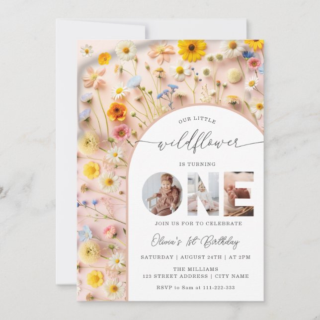 Elegant Wildflower 1st Birthday Photo Invitation (Front)