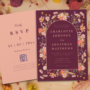 Elegant Wildflower Arch Burgundy Fall Wedding Invitation