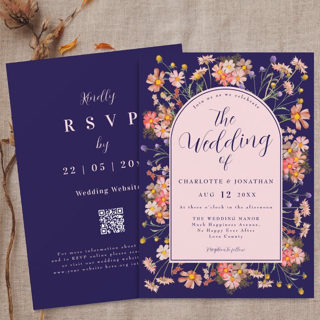 Elegant Wildflower Arch Navy Blue Pink Wedding Invitation (Wildflower elegant floral arch navy blue blush pink Wedding qr code invitation)