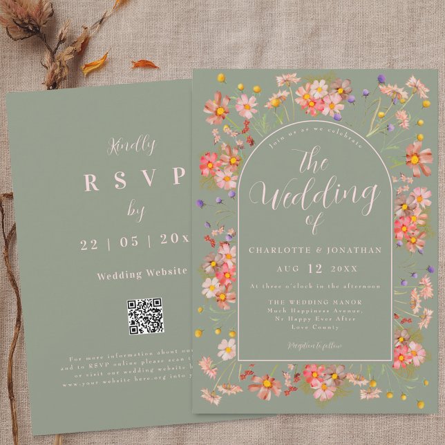 Elegant Wildflower Arch Sage Green Blush Wedding Invitation (Elegant Wildflower floral arch sage green and blush pink Wedding qr code invitation )