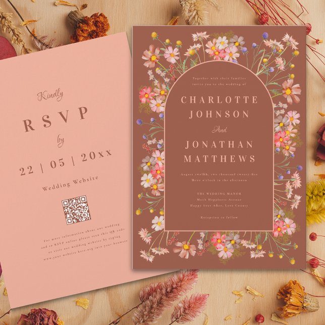 Elegant Wildflower Arch Terracotta Fall Wedding Invitation (Elegant arch wildflower burnt Orange terracotta and peach fall wedding invitation )