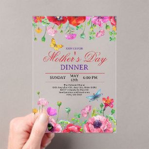 Elegant Wildflower Black Chic Mother's Day Dinner Acrylic Invitations