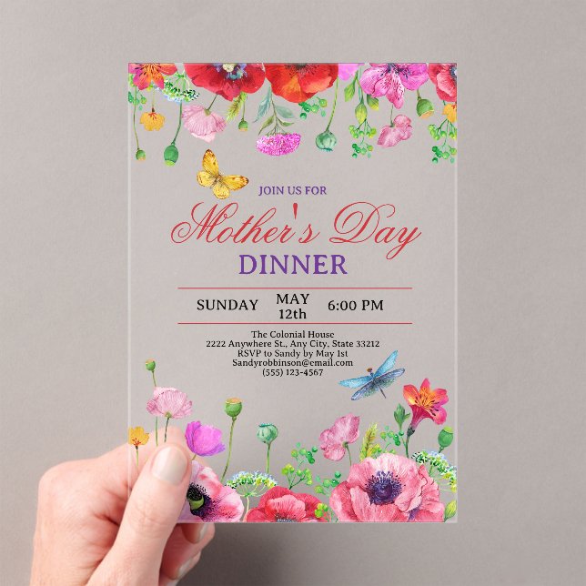 Elegant Wildflower Black Chic Mother's Day Dinner Acrylic Invitations (Insitu (Handheld))