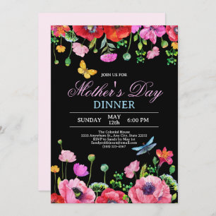 Elegant Wildflower Black Chic Mother's Day Dinner Invitation