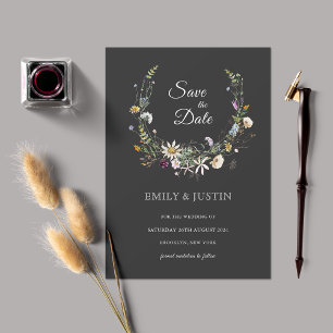 Elegant Wildflower Black Save the Date Wedding Invitation
