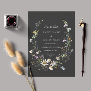 Elegant Wildflower Black Save the Date Wedding Invitation