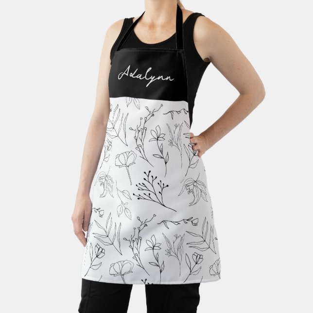 Elegant Wildflower Black White Custom Name Apron (Insitu)