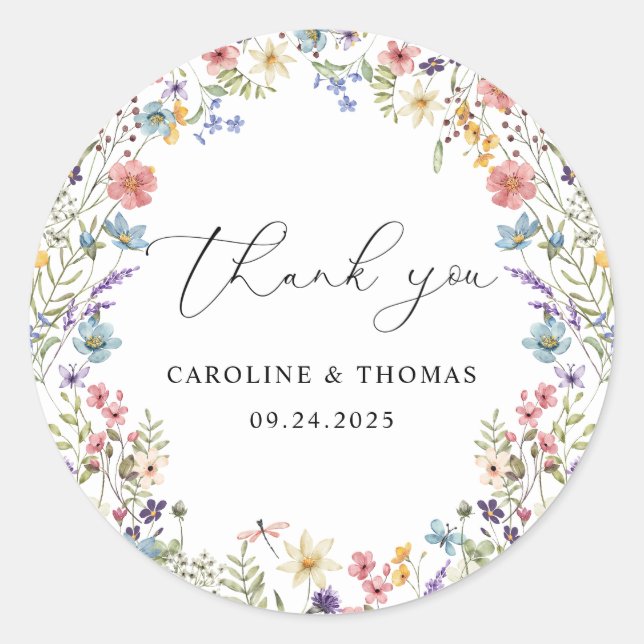 Elegant Wildflower Bloom Thank You Script Wedding Classic Round Sticker (Front)
