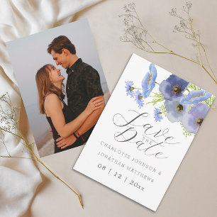Elegant Wildflower Blue Floral Photo Wedding Save The Date