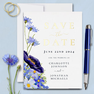 Elegant Wildflower Blue Gold foil Wedding Invitation Postcard