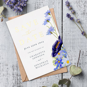 Elegant Wildflower Blue Wedding Save The Date Gold Foil Invitation Postcard