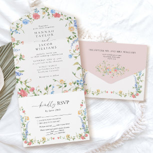 Elegant Wildflower Blush Pink Floral Wedding  All In One Invitation