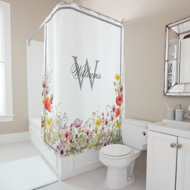 Elegant Wildflower Boho Custom Monogram Name Shower Curtain (In Situ)