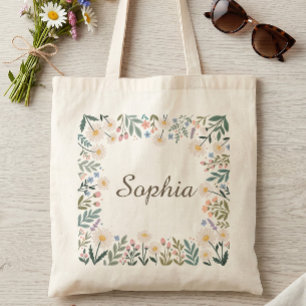 Elegant Wildflower Border Personalised Name Canvas Tote Bag