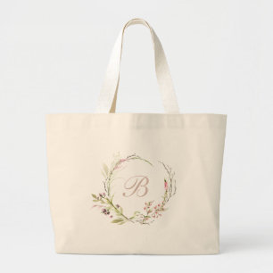 Elegant Wildflower Botanical Wreath Monogram Large Tote Bag