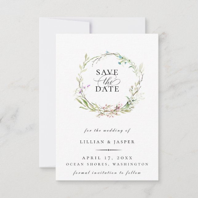 Elegant Wildflower Botanical Wreath Save The Date Announcement (Front)