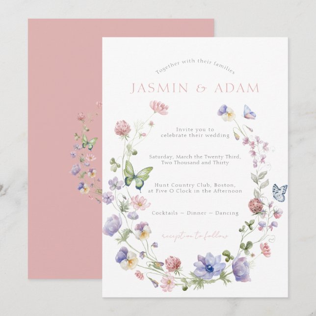 Elegant Wildflower Butterfly Monogram Wedding Invitation (Front/Back)