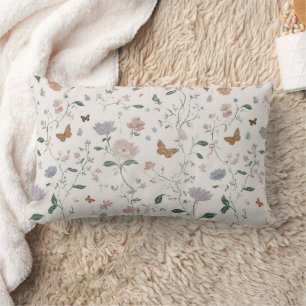 Elegant Wildflower & Butterfly Toile-De-Jouy Lumbar Cushion
