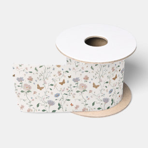 Elegant Wildflower & Butterfly Toile-De-Jouy Satin Ribbon