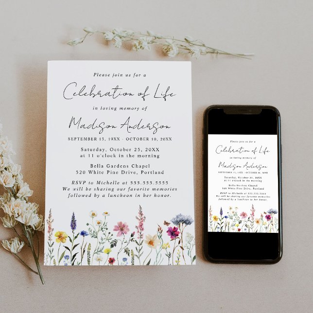 Elegant Wildflower Celebration of Life Funeral Invitation (Creator Uploaded)