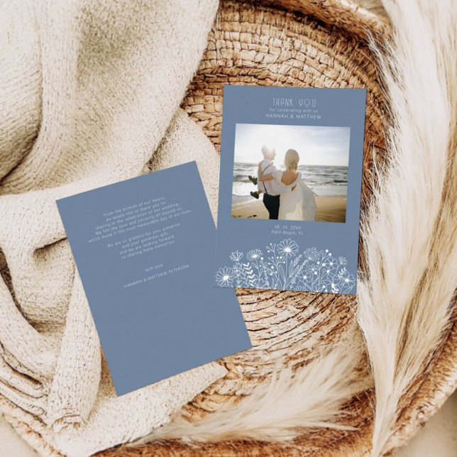 Elegant Wildflower Dusty Blue Boho Photo Wedding  Thank You Card (Creator Uploaded)