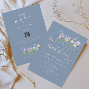 Elegant Wildflower Dusty Blue Pink Wedding QR Code Invitation