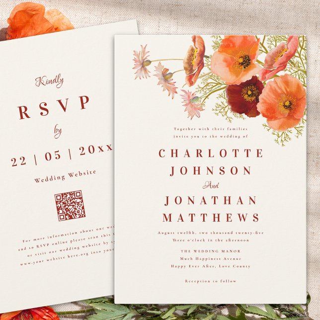 Elegant Wildflower Fall Wedding Invitation (Elegant wildflower fall wedding invitation burnt orange script and website qr code)