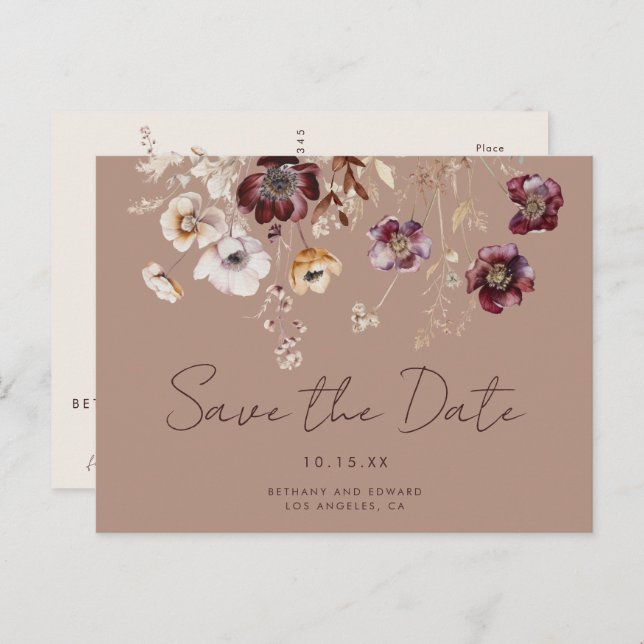 Elegant Wildflower Fall Wedding Save the Date Postcard (Front/Back)