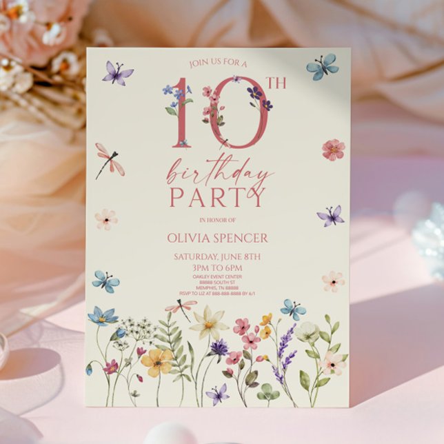 Elegant Wildflower Floral 10th Birthday Party Invitation (Creator Uploaded)