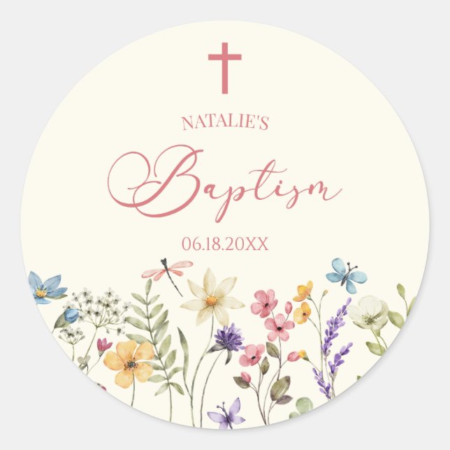 Elegant Wildflower Floral Baptism Classic Round Sticker (Front)