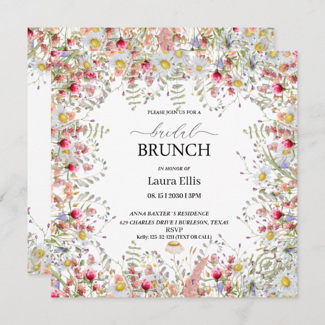 Elegant wildflower floral bridal brunch invitation (Front/Back)