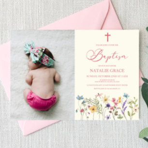 Elegant Wildflower Floral Custom Picture Baptism Invitation