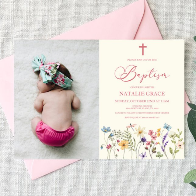 Elegant Wildflower Floral Custom Picture Baptism Invitation (Creator Uploaded)