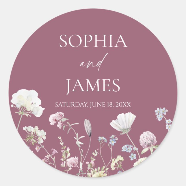 Elegant Wildflower Floral Flowers Wedding Classic Round Sticker (Front)