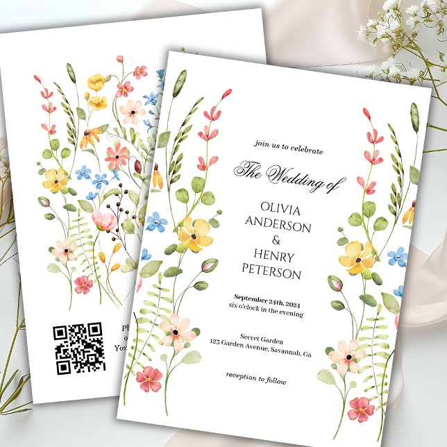 Elegant Wildflower Floral Garden  QR Code Wedding  Invitation (Creator Uploaded)