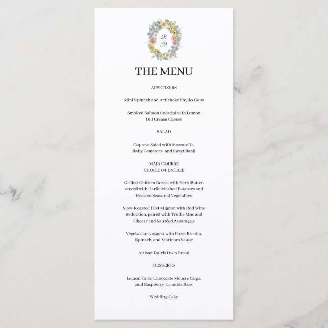 Elegant Wildflower Floral Monogram Crest Wedding Menu (Front)