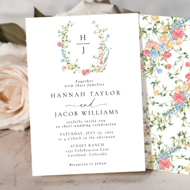 Elegant Wildflower Floral Monogram Wedding Invitation (Creator Uploaded)